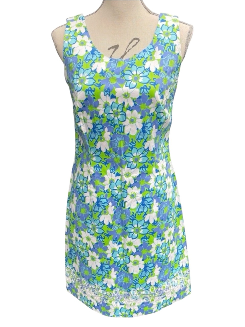 Key West Blue/Green/White Floral Cotton Sleeveless Embroidered Hem Dress (4)